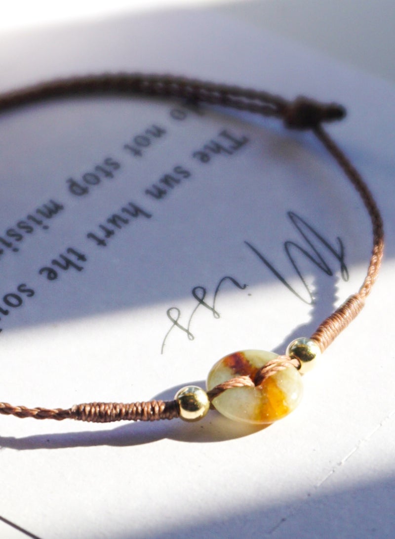 التصميم الأصلي لإبزيم الجاديت الطبيعي متحد المركز، خيط الشمع، سوار رفيع للغاية، يعني الانسجام العائلي، حماية السلام، سوار منسوج يدويًا، متدرج أصفر - Image 3