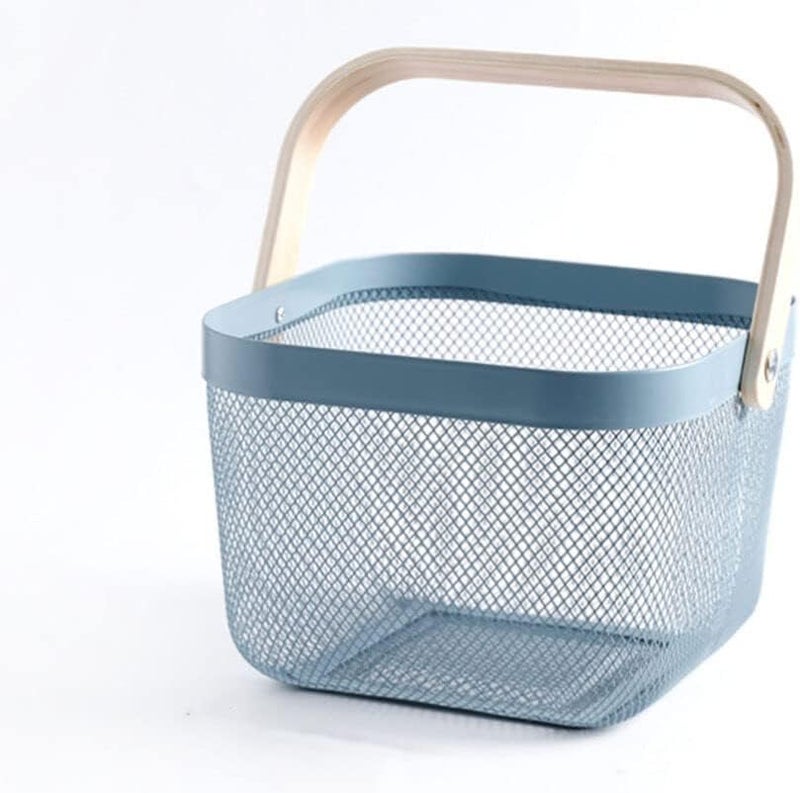 Meneflix Multipurpose Metal Storage Organizer Basket with Handle Vegetable Storage Basket Hanging Garden Basket with Wooden Handle for Kitchen Dining Table Bathroom and Cabinet 25 x 25 x 18 CM - Image 1