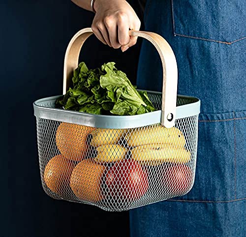 Meneflix Multipurpose Metal Storage Organizer Basket with Handle Vegetable Storage Basket Hanging Garden Basket with Wooden Handle for Kitchen Dining Table Bathroom and Cabinet 25 x 25 x 18 CM - Image 2
