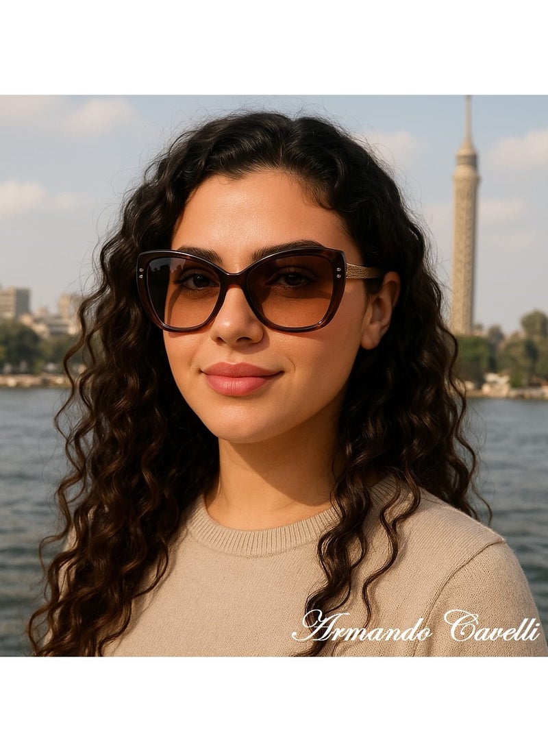 Luxury Armando Cavelli sunglasses, crafted from carefully selected premium acetate for a luxurious look and longevity with extensive use. This model combines modernity and classic style, with a raw brown acetate front and brown -plated metal temples to complete your luxury look. Comes with premium polymer lenses offer UV400 protection in a