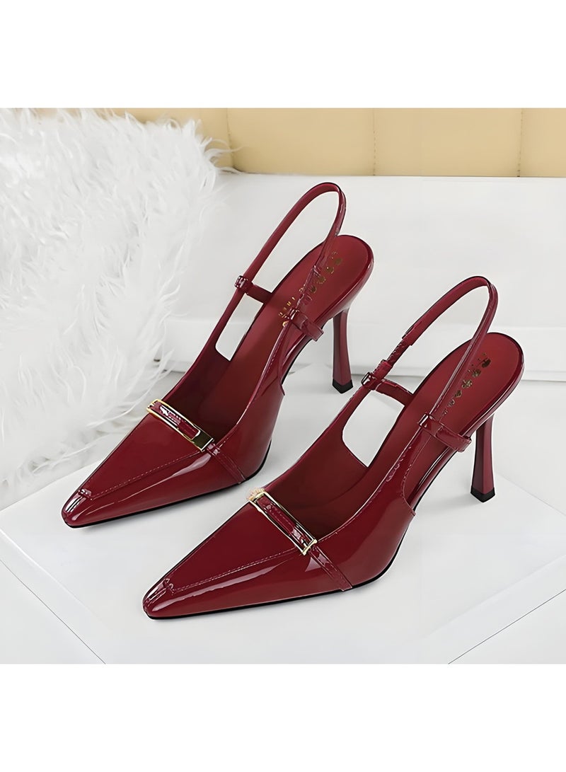 بيج تري المرأة مغلقة موجهة إصبع القدم مضخات سلينغباك ستيليتو كعب عالي الصنادل النبيذ الأحمر 9.5CM - Image 1