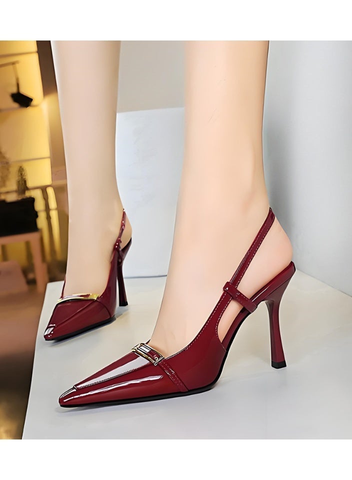 بيج تري المرأة مغلقة موجهة إصبع القدم مضخات سلينغباك ستيليتو كعب عالي الصنادل النبيذ الأحمر 9.5CM - Image 3