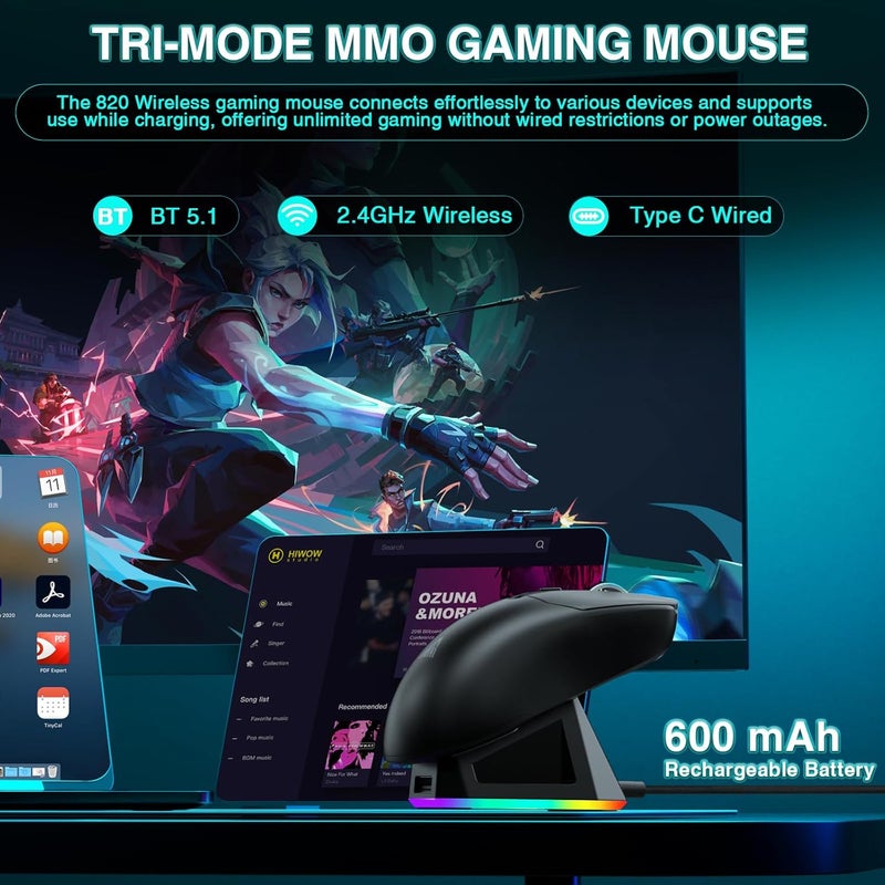 SOLAKAKA SM820 Wireless Gaming Mouse with RGB Charging Dock,24000 DPI Tri-Modes Wireless Mouse with 2 Side Buttons,Programmable Macro Mouse for Gaming(Black) - Image 4