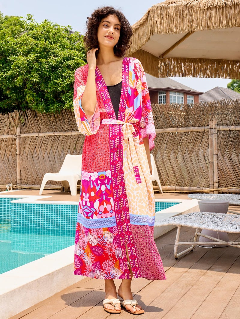 IMAGEKOPE Womenâ€™s Kimono Cover Up Long Beach Dress Swimsuit Cover Ups Colorful Cardigan Lightweight Robe for Swimwear - Image 5