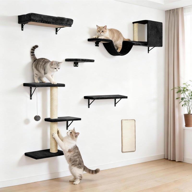 Fopetfy Cat Wall Shelves, Stable & Safe 6 in 1 Cat Furniture Set Black, for Cats to Climb, Hide, Lounge, and Scratch - Image 1