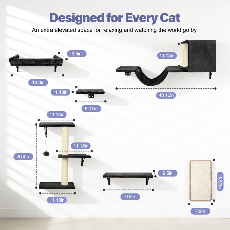 Fopetfy Cat Wall Shelves, Stable & Safe 6 in 1 Cat Furniture Set Black, for Cats to Climb, Hide, Lounge, and Scratch - Image 2