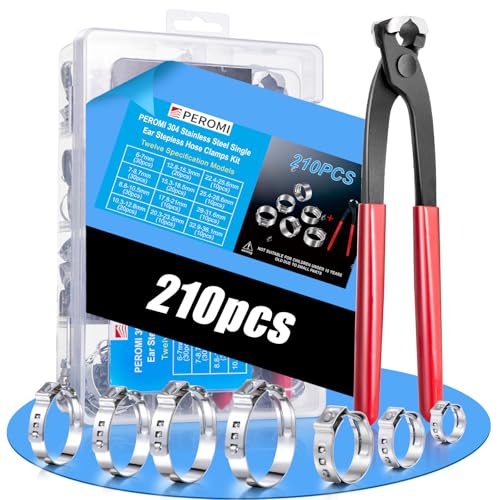 PEROMI 210PCS 304 Stainless Steel Single Ear Hose Clamp Assortment Kit - 12 Sizes (6-36.1mm) Stepless Adjustable Cinch Clamps with Pincer Tool for Automotive, Plumbing, Garden & Industrial Use - Image 1