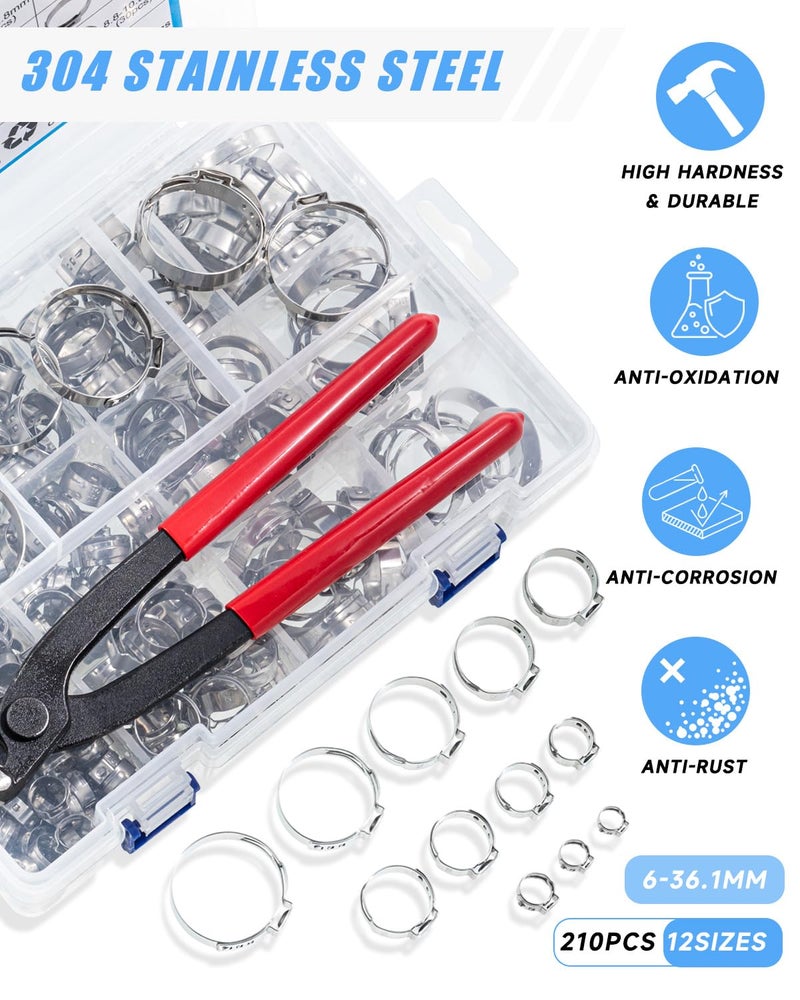 PEROMI 210PCS 304 Stainless Steel Single Ear Hose Clamp Assortment Kit - 12 Sizes (6-36.1mm) Stepless Adjustable Cinch Clamps with Pincer Tool for Automotive, Plumbing, Garden & Industrial Use - Image 3