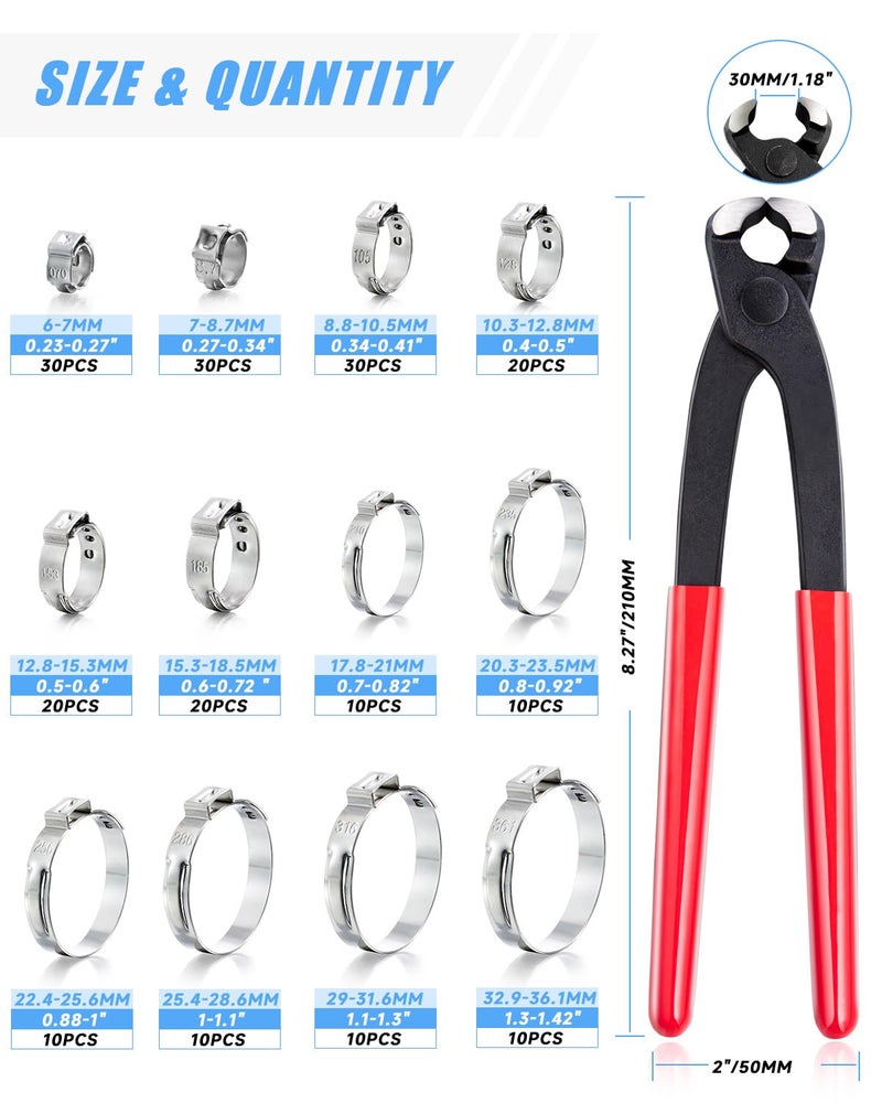 PEROMI 210PCS 304 Stainless Steel Single Ear Hose Clamp Assortment Kit - 12 Sizes (6-36.1mm) Stepless Adjustable Cinch Clamps with Pincer Tool for Automotive, Plumbing, Garden & Industrial Use - Image 5