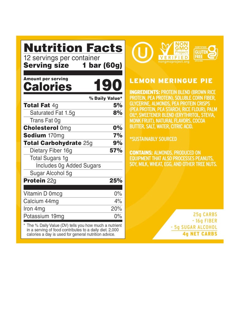 No Cow - Protein Bar, Lemon Meringue Pie, 22g Plant Based Protein, Keto Friendly, Low Carb, Low Sugar, Dairy Free, Gluten Free, Vegan, High Fiber, Non-GMO, 12Count - Image 1