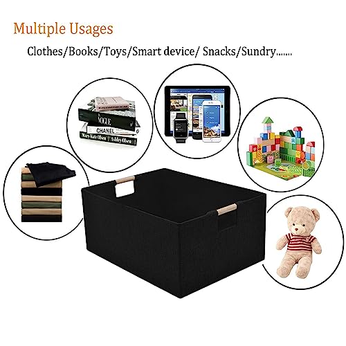 xianshengle Fabric Storage Basket for Shelves, Collapsible Storage Bins with wood Handles, Rectangle Closet Baskets, Wardrobe Organiser, for Sorting Clothes, Family Items (Black) (2) - Image 4
