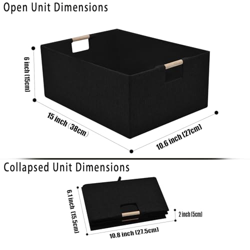 xianshengle Fabric Storage Basket for Shelves, Collapsible Storage Bins with wood Handles, Rectangle Closet Baskets, Wardrobe Organiser, for Sorting Clothes, Family Items (Black) (2) - Image 5