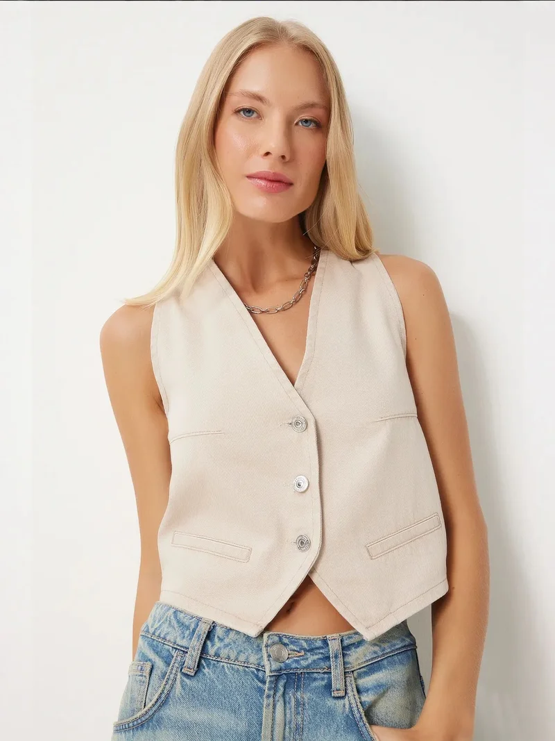 السعادة في إسطنبول ISTANBUL Denim V-neck Sleeveless Crop Waistcoat