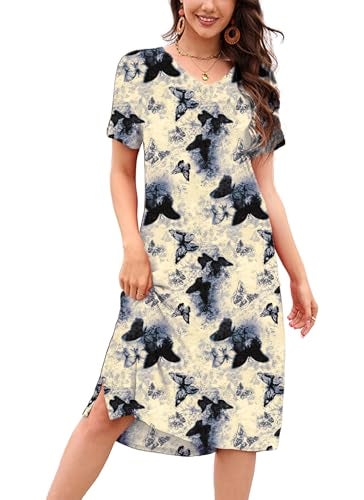 VOBCTY Women's Casual Short Sleeve Tshirt Dress Summer Side Split Loose V Neck Dresses(02-Butterfly,Small) - Image 1