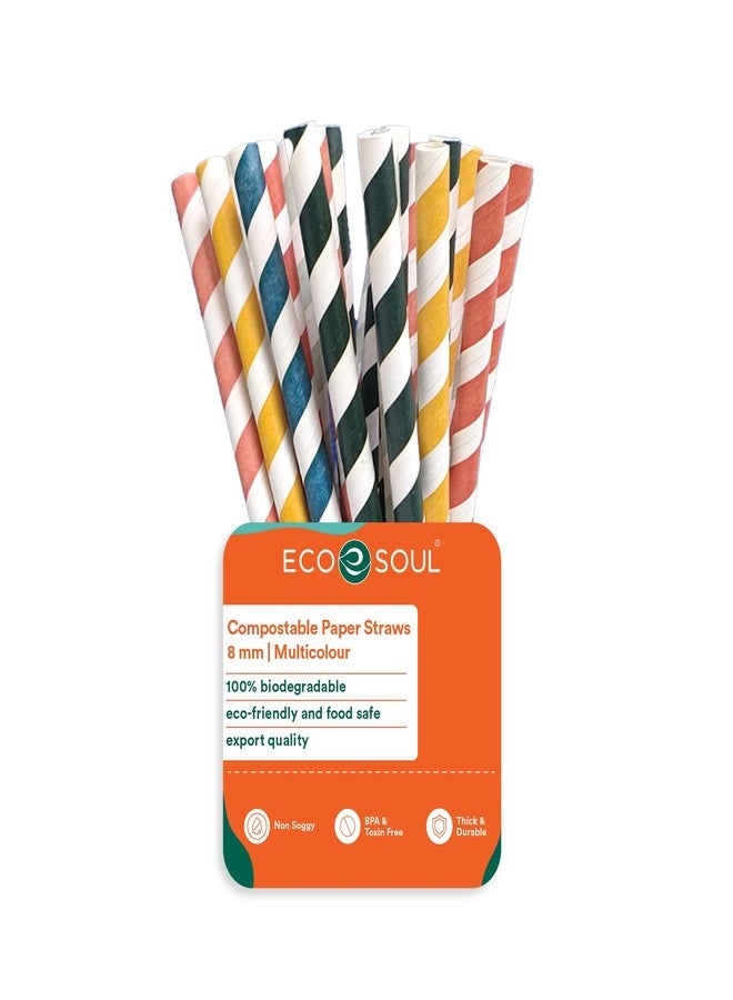 ECO SOUL [8 MM, 100 Count] Biodegradable Multicolor Paper Straws | Disposable Drinking Rainbow Eco-Friendly Compostable Paper Straws | Cocktail Cold Drink Juice Smoothie Non-Bendable Straws (Wide) - Image 1