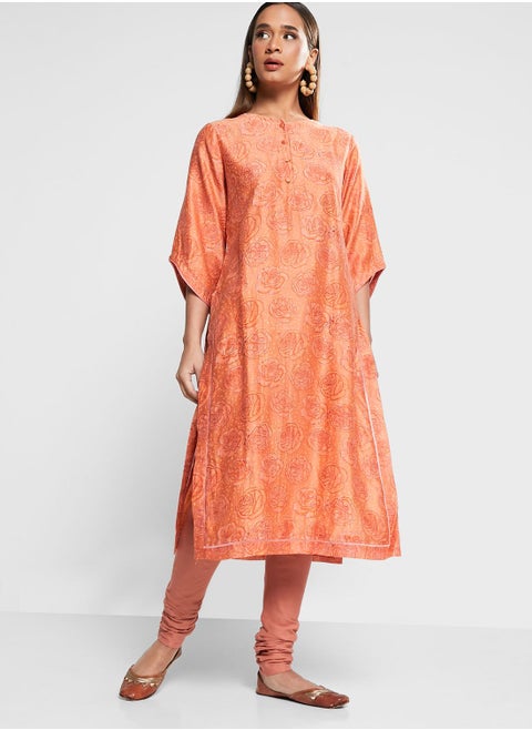 Floral Printed Button Detail Kurti