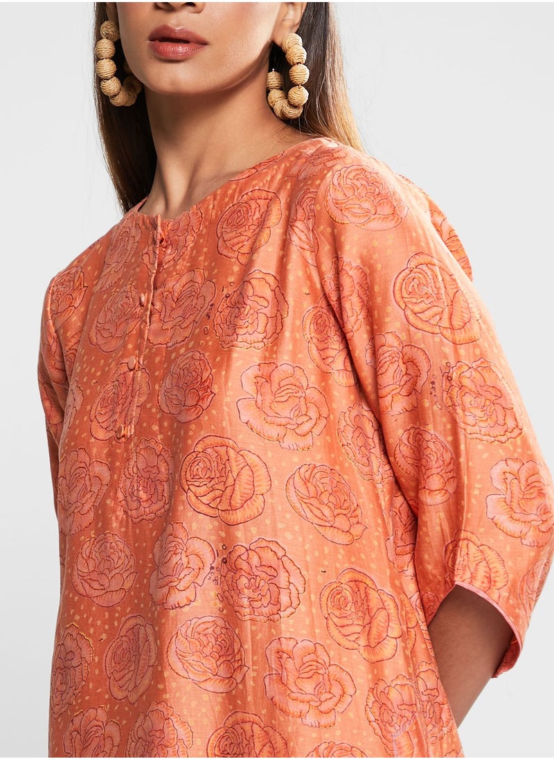 Fabindia - Floral Printed Button Detail Kurti - Image 1