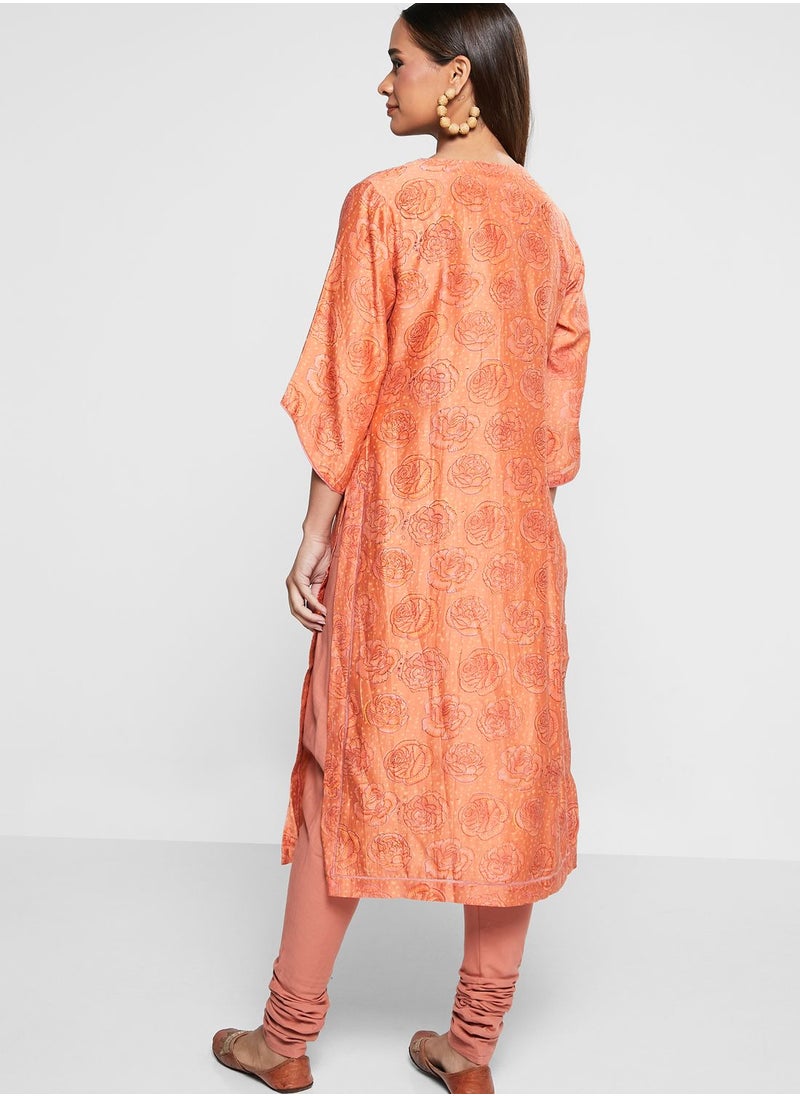 Fabindia - Floral Printed Button Detail Kurti - Image 1