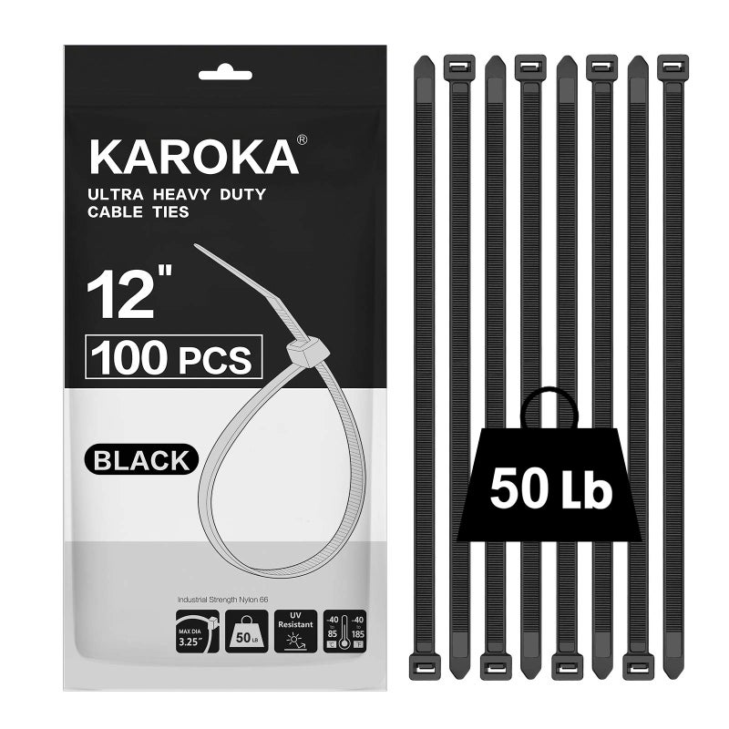 Karoka Zip Ties 12 inch (100 Pack), Black, 50 lb, UV Resistant Cable Ties for indoor and outdoor use, by Karoka - Image 1