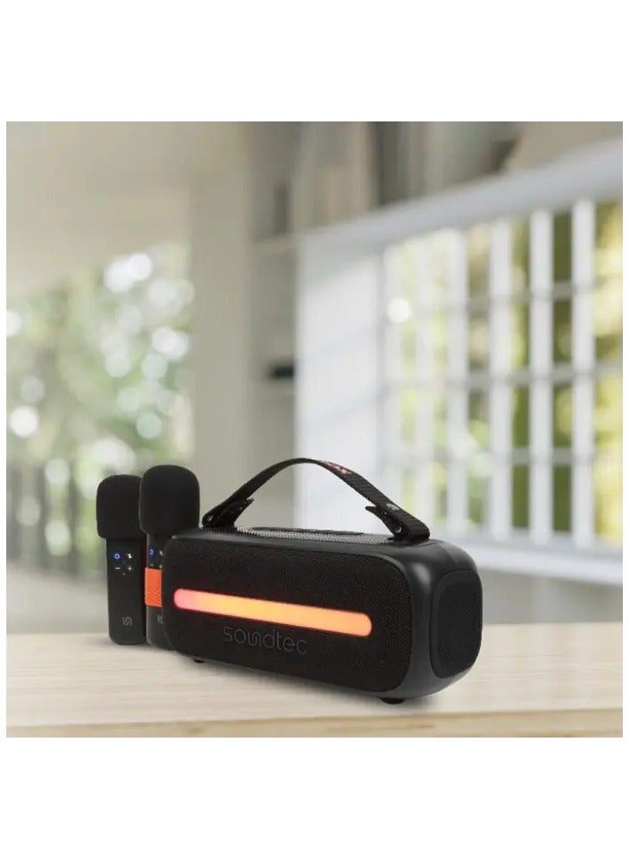 Porodo Soundtec 24W Speaker with Dual Wireless Microphone and Powerful Bass / Bluetooth V5.3 / 6H Play time / Karaoke / FM / RGB Light - Black - Image 2