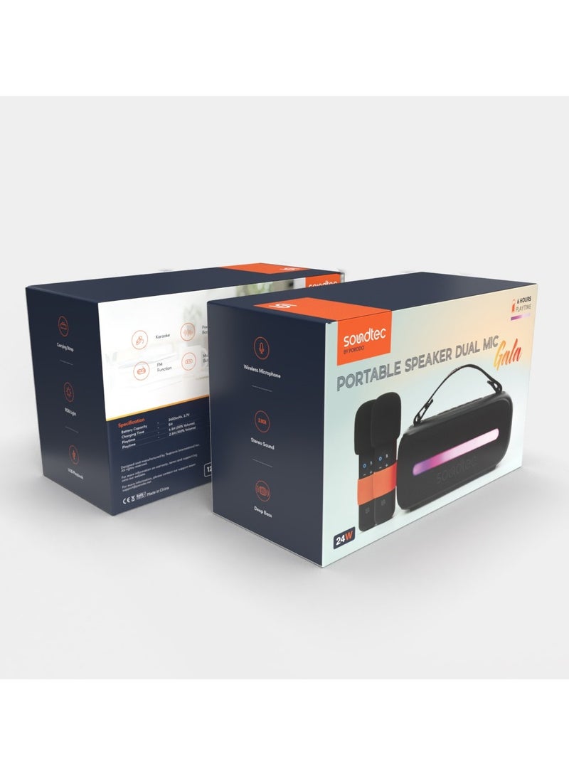 Porodo Soundtec 24W Speaker with Dual Wireless Microphone and Powerful Bass / Bluetooth V5.3 / 6H Play time / Karaoke / FM / RGB Light - Black - Image 3