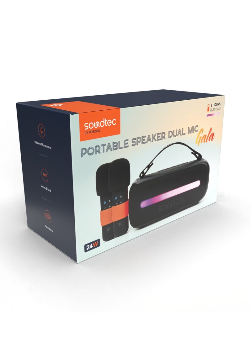 Porodo Soundtec 24W Speaker with Dual Wireless Microphone and Powerful Bass / Bluetooth V5.3 / 6H Play time / Karaoke / FM / RGB Light - Black - Image 4