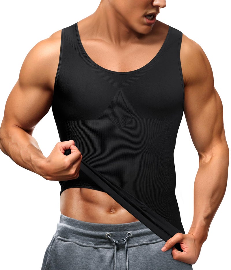 TAILONG Men's Compression Shirt - Slimming Body Shaper, Waist Trainer, Workout Tank Top, Abdomen Undershirt (Black, Medium-Large) - Image 1