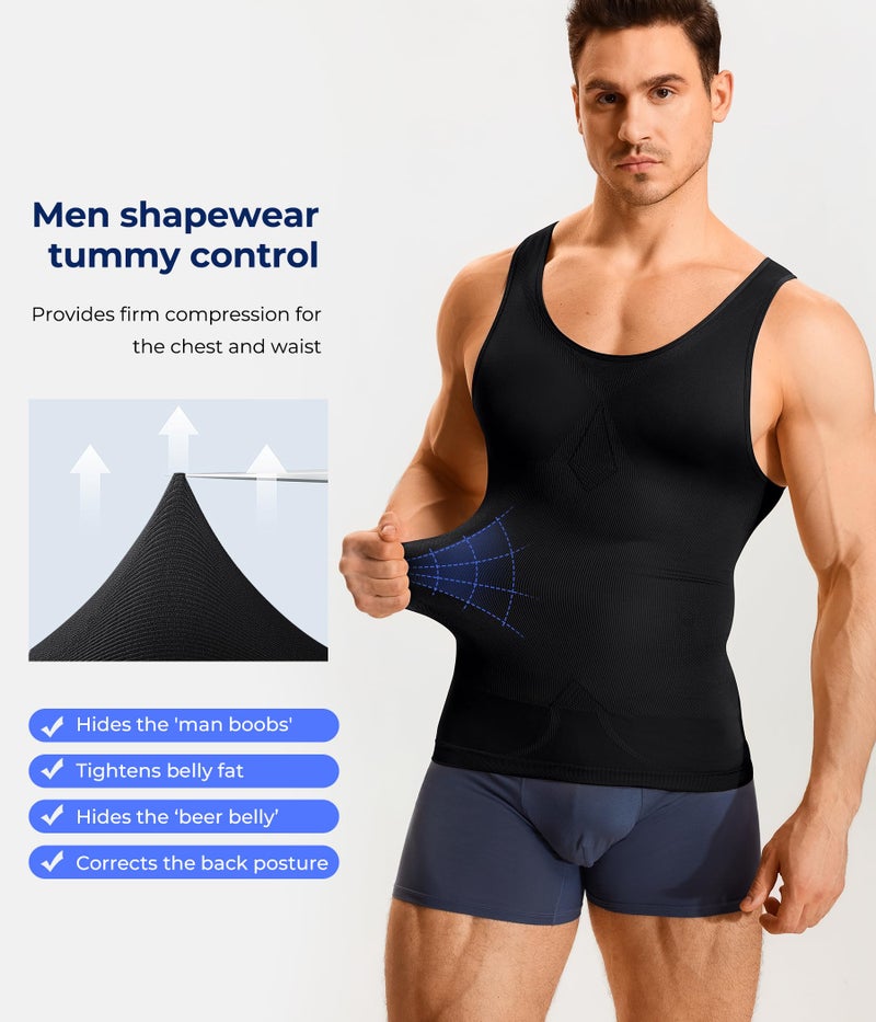 TAILONG Men's Compression Shirt - Slimming Body Shaper, Waist Trainer, Workout Tank Top, Abdomen Undershirt (Black, Medium-Large) - Image 3