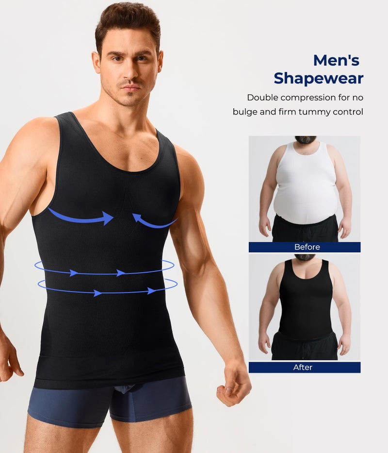 TAILONG Men's Compression Shirt - Slimming Body Shaper, Waist Trainer, Workout Tank Top, Abdomen Undershirt (Black, Medium-Large) - Image 2