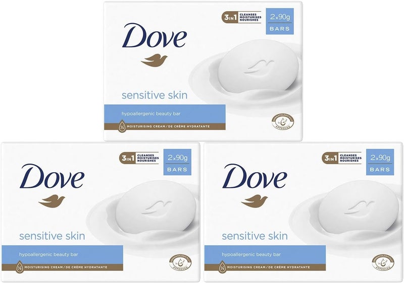 صابون دوف المضاد للحساسية 3 في 1 ينظف ويرطب ويغذي خالي من الكبريتات لصابون الاستحمام لبشرة ناعمة وسلسة مصمم خصيصًا للبشرة الحساسة 2x90غ 3 عبوات