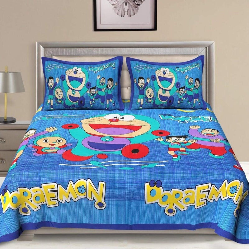 ManavRachit Cotton 210 TC BedSheet 90 x 100 inches with 2 Pillow Covers Cartoon Doraemon Printed Double Bed King Size for Kids Bed Home and Living Room Blue - Image 1