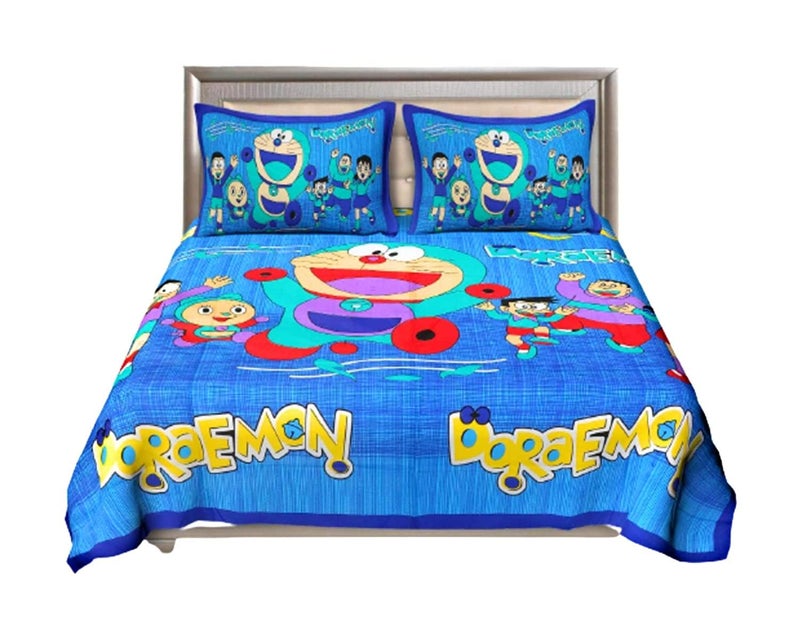 ManavRachit Cotton 210 TC BedSheet 90 x 100 inches with 2 Pillow Covers Cartoon Doraemon Printed Double Bed King Size for Kids Bed Home and Living Room Blue - Image 2