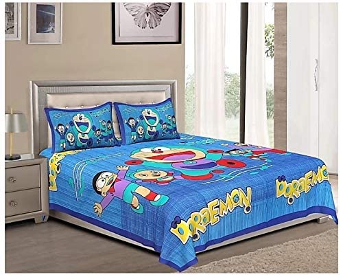 ManavRachit Cotton 210 TC BedSheet 90 x 100 inches with 2 Pillow Covers Cartoon Doraemon Printed Double Bed King Size for Kids Bed Home and Living Room Blue - Image 4
