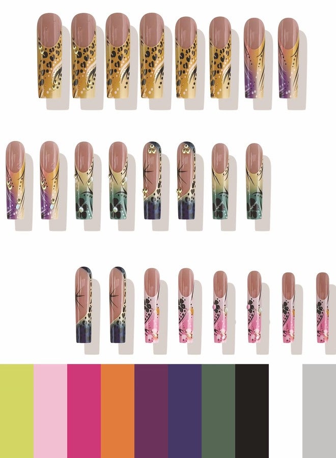MISUD Press on Nails Long Square Fake Nails Glossy Glue on Nails Cheetah Acrylic Nail Supplies Squoval Artificial Nail Art Colorful Ombre Stick on False Nails with Flower Design DIY 24 pcs - Image 3