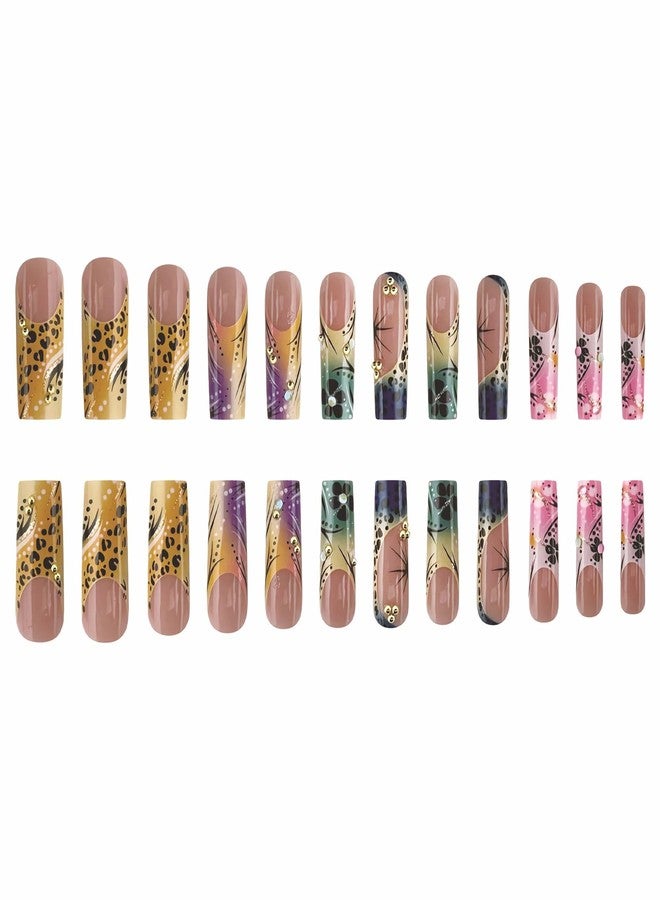MISUD Press on Nails Long Square Fake Nails Glossy Glue on Nails Cheetah Acrylic Nail Supplies Squoval Artificial Nail Art Colorful Ombre Stick on False Nails with Flower Design DIY 24 pcs - Image 2