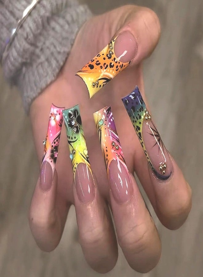 MISUD Press on Nails Long Square Fake Nails Glossy Glue on Nails Cheetah Acrylic Nail Supplies Squoval Artificial Nail Art Colorful Ombre Stick on False Nails with Flower Design DIY 24 pcs - Image 1