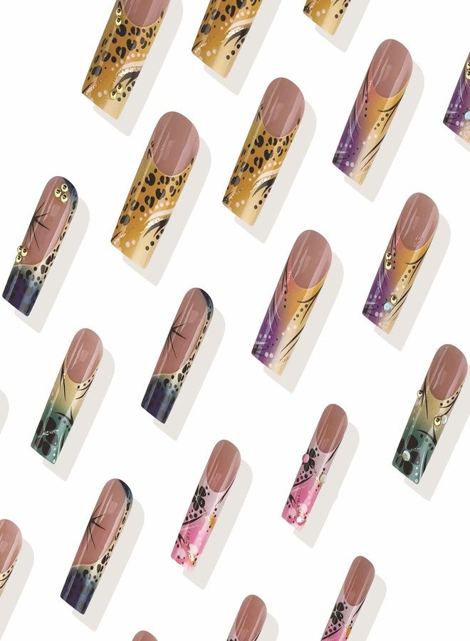 MISUD Press on Nails Long Square Fake Nails Glossy Glue on Nails Cheetah Acrylic Nail Supplies Squoval Artificial Nail Art Colorful Ombre Stick on False Nails with Flower Design DIY 24 pcs - Image 4