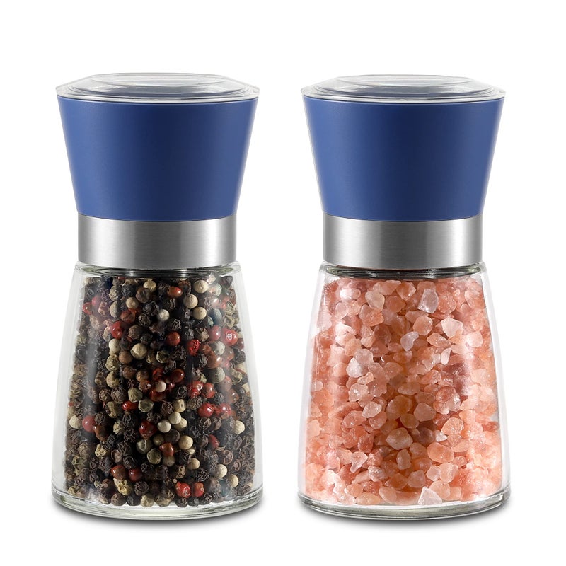 Vzaahu Salt and Pepper Grinder Set Blue  Refillable Small Seasalt  Peppercorn Shakers Adjustable Coarseness Ceramic Burr Premium Glass Peppermill Transparent Lid