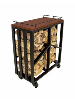 NABCO Wood Rack Trolley with Solid Wood Frame for Patio – 70x35x84 cm, Durable Firewood Storage Solution, Robust and Sleek for Garden or Backyard, Dark Mahogany/Black  - Image 1