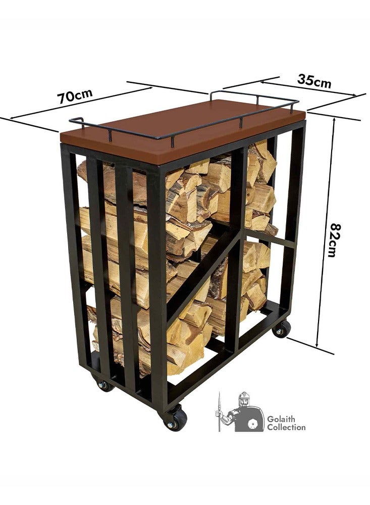 NABCO Wood Rack Trolley with Solid Wood Frame for Patio – 70x35x84 cm, Durable Firewood Storage Solution, Robust and Sleek for Garden or Backyard, Dark Mahogany/Black  - Image 2