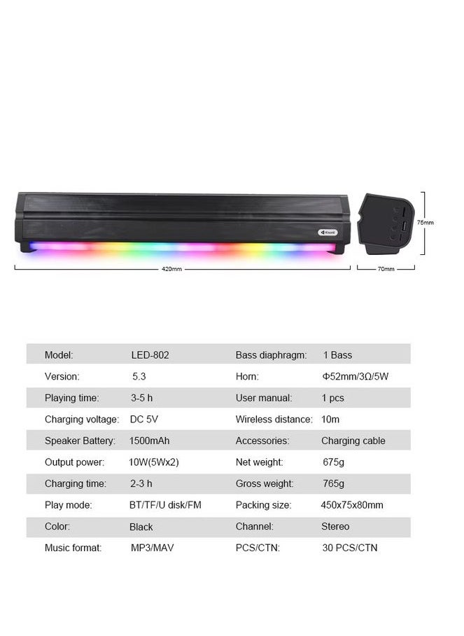 Kisonli - Kisonli LED-802 Soundbar Music Speaker , 7 Lighting Modes Switch ,1500mAh - Black - Image 1