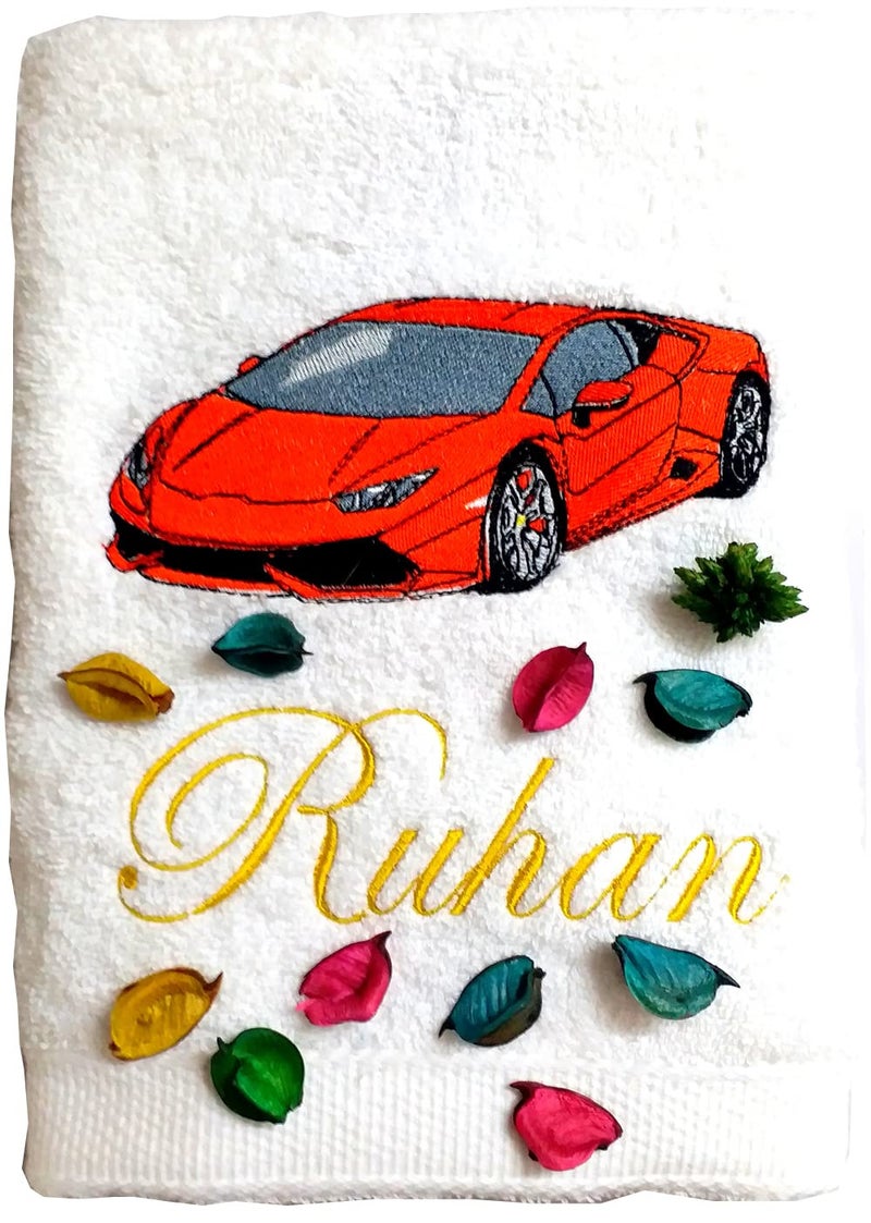 TurtleLittle Cotton Red Sports Car Personalised Kids Bath Towel 500 GSM Set of 1 White - Image 1