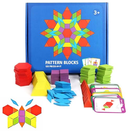 JCREN Wooden Pattern Blocks Montessori Toys Shape Puzzles Kindergarten Classic Educational Tangram Geometric Brain Teaser Toys Best STEM for Kids Ages 48 with 24 Pcs Cards - Image 1