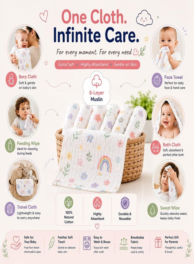 Firstblow Muslin 6 Layer 100% Organic Bamboo Cotton Face Towels for Newborn Baby Extra Soft Hankies Reusable Napkins for Infants Toddlers/Kids Random Print (Pack of 5 Big Napkin 50x25 CM) - Image 5