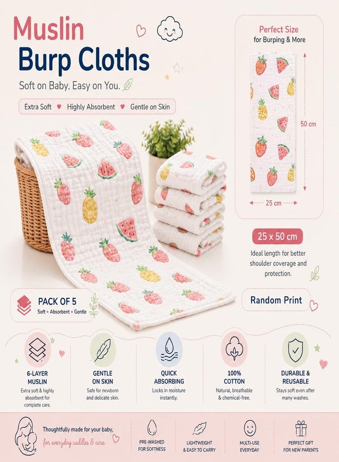 Firstblow Muslin 6 Layer 100% Organic Bamboo Cotton Face Towels for Newborn Baby Extra Soft Hankies Reusable Napkins for Infants Toddlers/Kids Random Print (Pack of 5 Big Napkin 50x25 CM) - Image 2