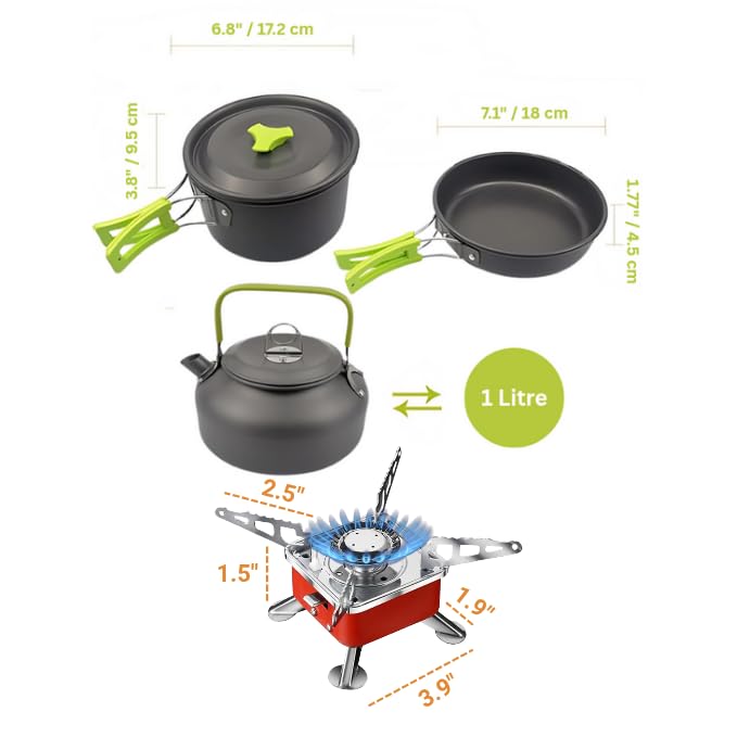 DPCR 14-Piece Camping Cookware Mess Kit with Gas Stove, Lightweight Nonstick Pot & Pan Set with Spork, Bowls, Kettle & Travel Bag – Compact Outdoor Cooking Gear for Backpacking, Hiking, Scouts - Image 3