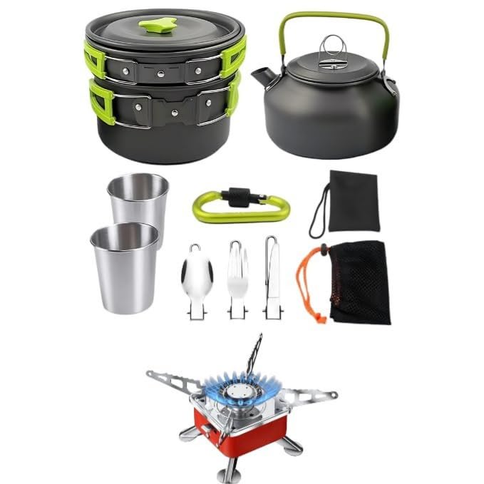 DPCR 14-Piece Camping Cookware Mess Kit with Gas Stove, Lightweight Nonstick Pot & Pan Set with Spork, Bowls, Kettle & Travel Bag – Compact Outdoor Cooking Gear for Backpacking, Hiking, Scouts - Image 1