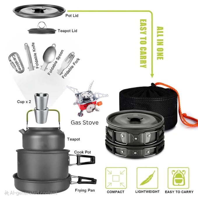 DPCR 14-Piece Camping Cookware Mess Kit with Gas Stove, Lightweight Nonstick Pot & Pan Set with Spork, Bowls, Kettle & Travel Bag – Compact Outdoor Cooking Gear for Backpacking, Hiking, Scouts - Image 2