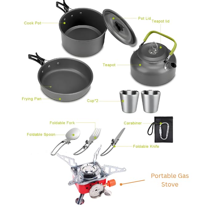 DPCR 14-Piece Camping Cookware Mess Kit with Gas Stove, Lightweight Nonstick Pot & Pan Set with Spork, Bowls, Kettle & Travel Bag – Compact Outdoor Cooking Gear for Backpacking, Hiking, Scouts - Image 4