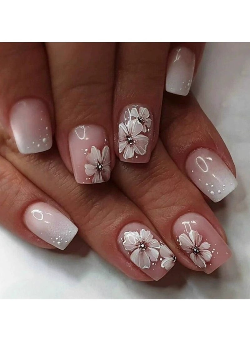 Goolsky أظافر ضغط مربعة قصيرة فاخرة بتدرج وردي وزهور بيضاء من النقاط للانتعاش والمرح - Image 1